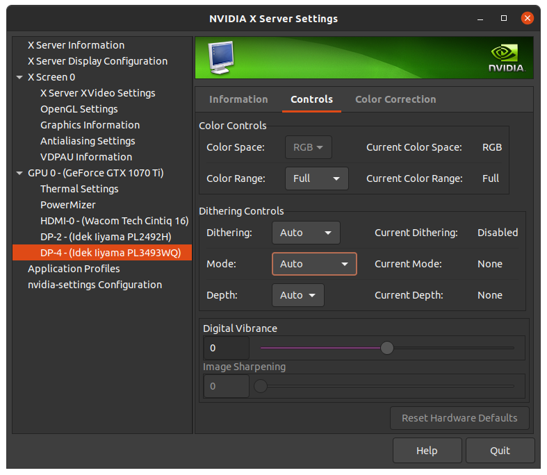 Capture d'écran des paramètres Nvidia